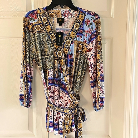 NWT JM Collection Petite Multicolor Patchwork Tunic Faux Wrap 3/4 sleeves PXL - Picture 1 of 15
